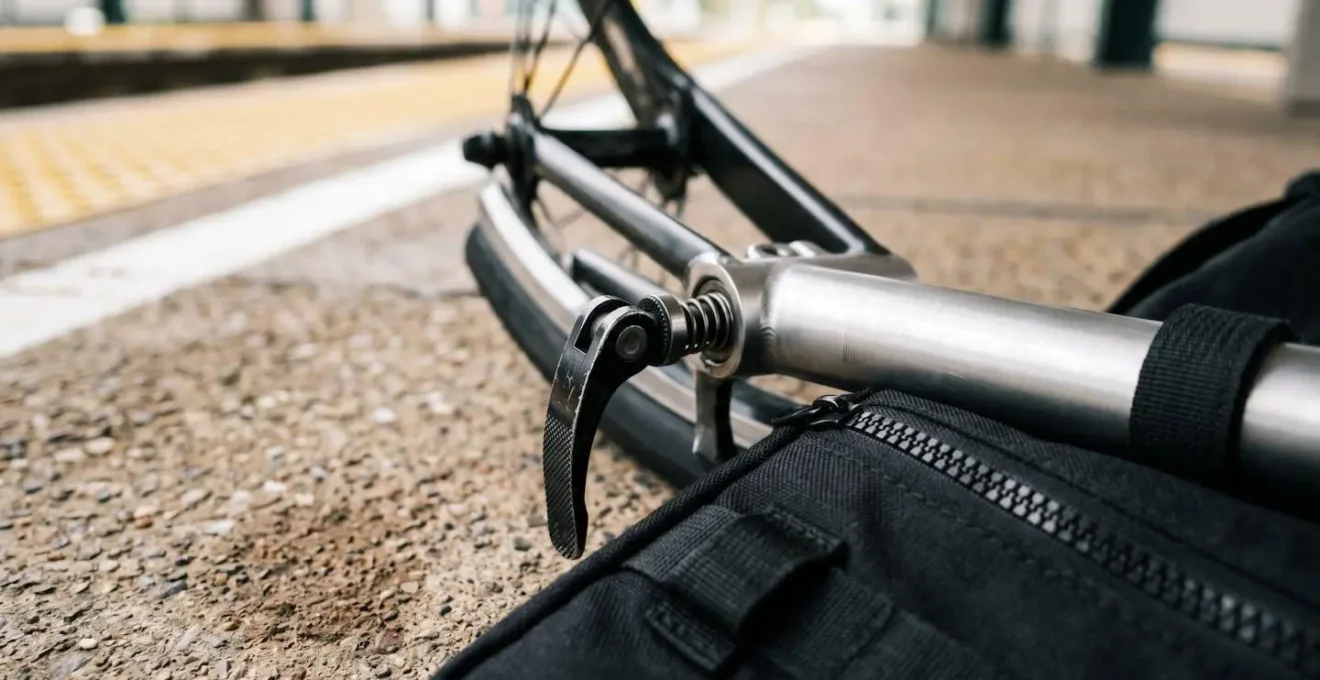 Vélo partiellement démonté avec housse de transport sur un quai de gare