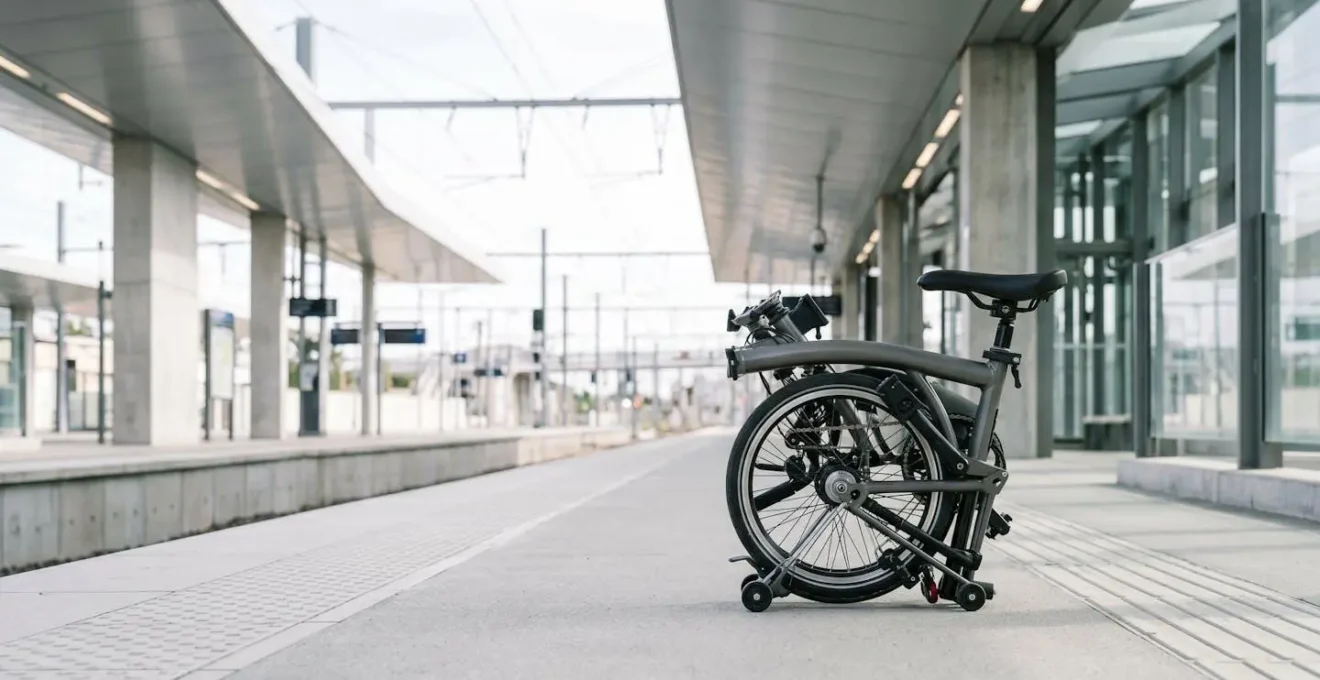 Vélo pliant déjà partiellement replié posé sur un quai de gare français moderne, prêt pour le transport