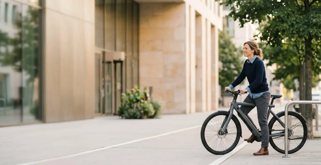 Cycliste urbain arrivant au travail à vélo électrique, expression sereine et énergique