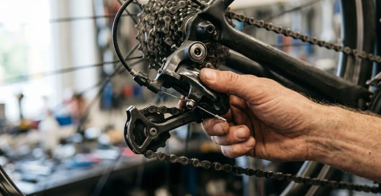 Détail macro d'un dérailleur de vélo de route en cours de vérification avant une course