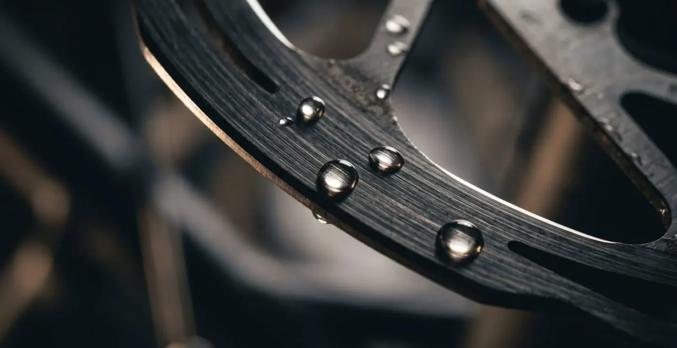Vue macro de disque de frein vélo avec gouttelettes de liquide en contre-jour